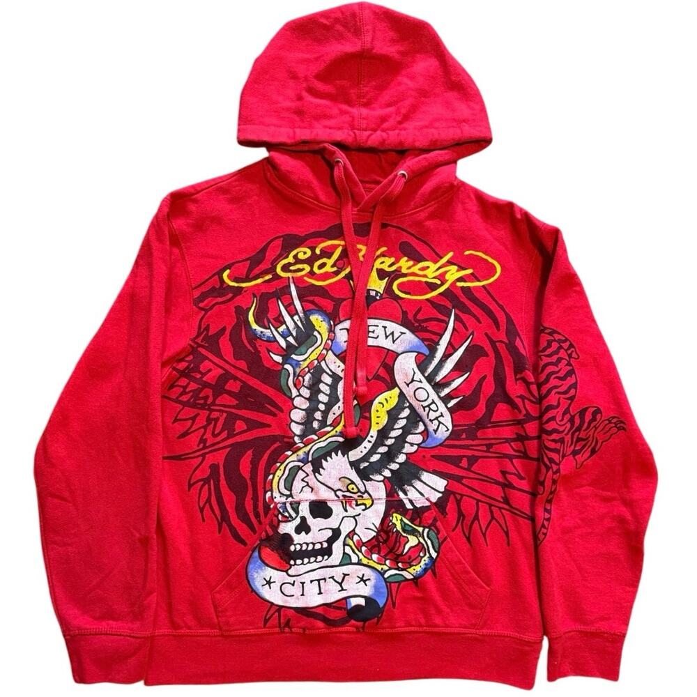 Vintage Ed Hardy New York City Hoodie Mens Size M Red Skull Eagle Tattoo Y2K